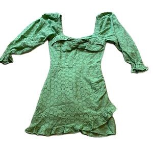 Olivacious S Mint Green Eyelet Long Sleeve Mini Dress with Sweetheart Neckline S